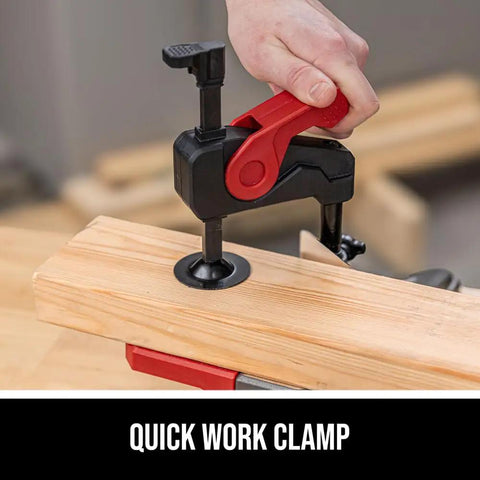 Quick work clamp securing wood piece in Compact Seven And One Quarter Inch Sliding Miter Saw With Ten Amp Motor Single Bevel LED Shadow