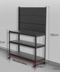 Heavy Duty Pegboard Display Stand With Rollin Wheels, Three Tier Garage Storage Rack For Tools Hardware And Workshop Organizing, Super Tough Black Metal Shelf dimensions and layout with smooth rolling wheels.