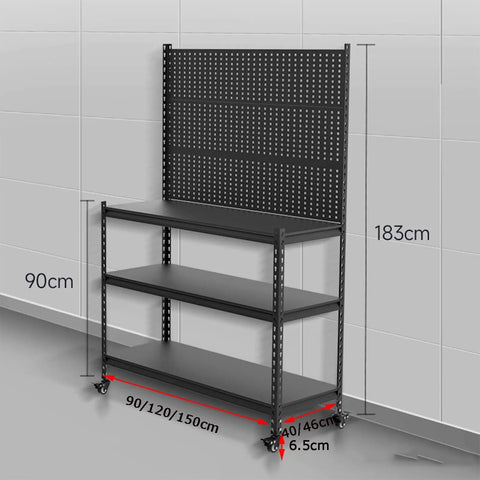 Heavy Duty Pegboard Display Stand With Rollin Wheels, Three Tier Garage Storage Rack For Tools Hardware And Workshop Organizing, Super Tough Black Metal Shelf dimensions and layout with smooth rolling wheels.