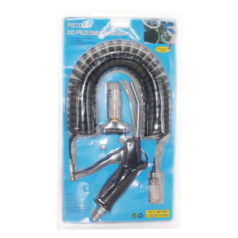 Heavy Duty Air Blow Gun Kit With 16 Ft Coiled Polyurethane Hose, featuring nozzle and ergonomic handle in packaging.