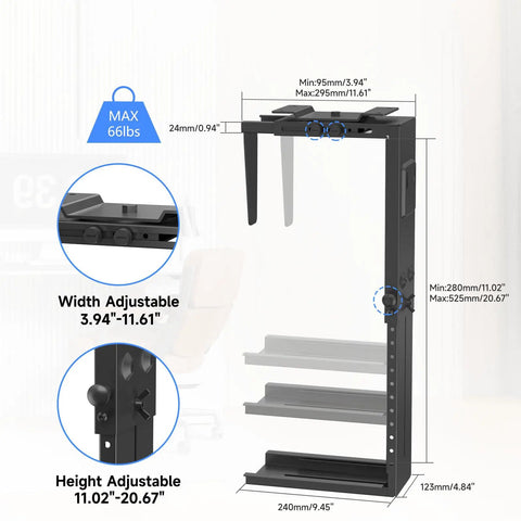 Adjustable Under Desk PC Mount And Wall CPU Rack With Full 360 Rotation showing adjustable width and height settings, supporting up to 66 lbs.