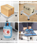 4-panel image of a 3 Pack Stainless Steel Dunnage Rack Set With Over 1000 Pound Capacity, showing floor shelves holding box, cooler, gas cylinder, and used for foot rest.