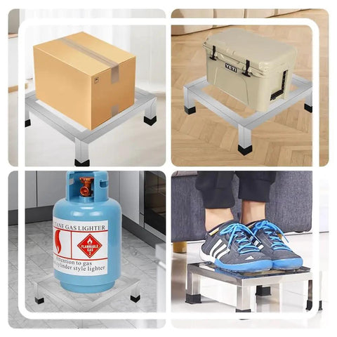 4-panel image of a 3 Pack Stainless Steel Dunnage Rack Set With Over 1000 Pound Capacity, showing floor shelves holding box, cooler, gas cylinder, and used for foot rest.