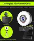 Crisp 1080P 60FPS Webcam With Built In Ring Fill Light And Smooth Touch Controls for streaming, showing adjustable clip and 360 degree rotation.