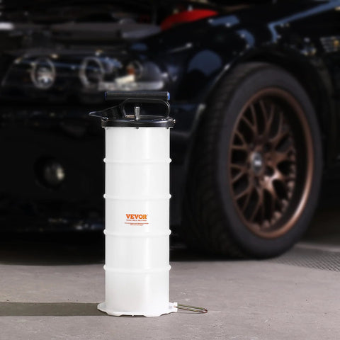 VEVOR 6.5L manual fluid extractor pump, white plastic cylinder with black lid and handle (front view)