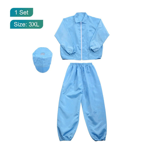 Daily Grind Approved Anti Static Lab Coat With Conductive Weave And Easy Detach Hat For Electronics Assembly And Chemical Labs Unisex Protective Wear In Midnight Blue set including jacket, pants, and hat in size 3XL.