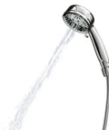Caldwell 4.25-Inch 5-Function Handheld Shower With Bracket And 60-Inch Hose Chrome Finish, water flowing, side view
