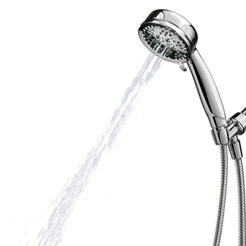 Caldwell 4.25-Inch 5-Function Handheld Shower With Bracket And 60-Inch Hose Chrome Finish, water flowing, side view