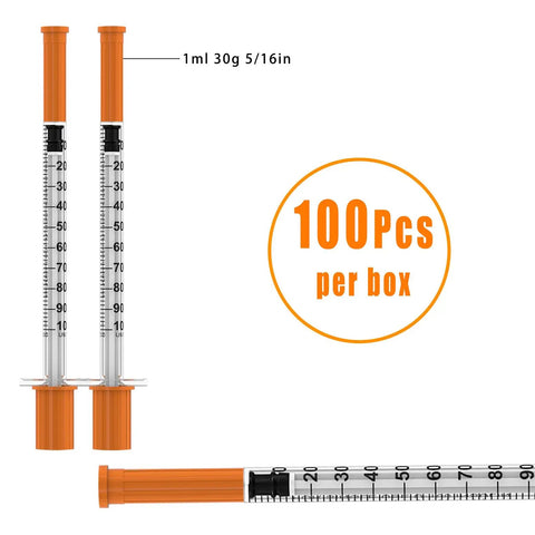 One Milliliter Syringes With Needles 30 Gauge Five Sixteenths Of An Inch 8mm U100 Individually Wrapped Thirty Pack For Lab Research And Medical Use With Clear Readouts And Precise Measurements. 1 mL U100 syringe 30G 8mm, 100 pcs per box