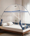 Pop Up Mosquito Net For Bed With Full Bottom Coverage And Double Door Design, shown on a queen-sized bed, 59 by 79 inches