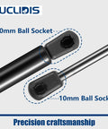 Close-up of black 15 Inch Gas Strut Lift Support, 10mm ball socket detail for Camper Shell and Truck Topper Doors, 24 lb, nylon material