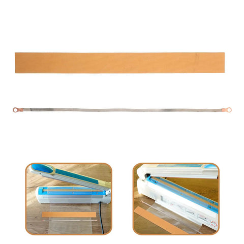 Two Pack 5mm Wide Nickel Alloy Heat Sealer Heating Element Strips for Commercial Sealing Machines, Heavy Duty Replacement Parts With Superior Heat Resistance, Nonstick Cloth Cover Included for Easy, Safe Sealing, shown with sealer installs