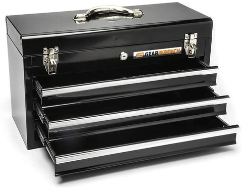 Three Drawer Steel Toolbox With Keyed Center Lock Black Powder Coat That Resists Rust 20 Inch Tool Box With Ball Bearing Slides