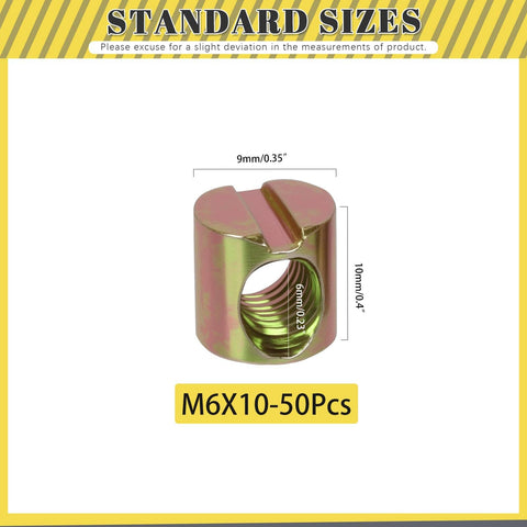 50Pcs M6 X 10mm Yellow Zinc Plated Carbon Steel Barrel Nuts Kit Slotted Dowels For Wood Furniture Beds Cribs Chairs