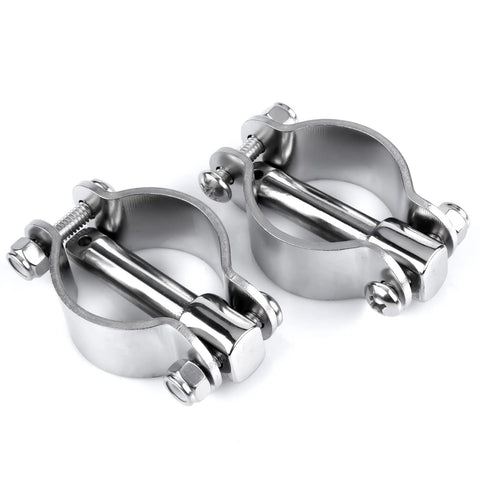 Close-up view of two clamp-on oarlocks in 316 stainless steel with bolts