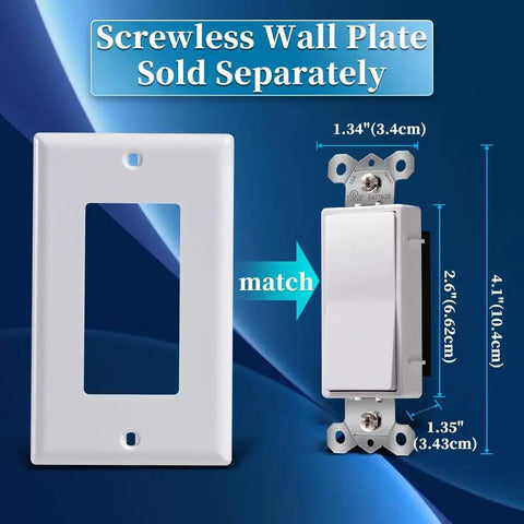 Single Pole Decorator Light Switch 15A 120V 277V Paddle Rocker On Off Wall Switch Residential Grade White UL CUL Certified 2 Pack