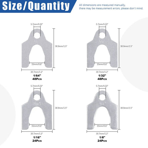 Universal Body Shim Kit 144 Pcs Set For Auto Alignment And Camber Adjustments Includes 1/16 Inch 1/64 Inch 1/32 Inch And 1/8 Inch Shims