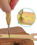Eight Piece Center Drill Bit Set With Automatic Center Punch for Cabinets and Woodworking demonstrating use on metal and wood surfaces