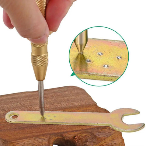 Eight Piece Center Drill Bit Set With Automatic Center Punch for Cabinets and Woodworking demonstrating use on metal and wood surfaces