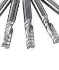 Close-up of 5Pcs 6mm Shank Tungsten Carbide Single Flute End Mills Spiral CNC Milling Bits For Acrylic PVC MDF with sharp edges.