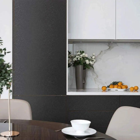 Kitchen with Black Silk Peel And Stick Wallpaper With Embossed Texture Self Adhesive Contact Paper For Walls Cabinets Kitchen And Furniture And Shelves Removable Vinyl Liner With Easy Cut Grid Backing 15.7 Inch By 393.7 Inch Roll on cabinets.