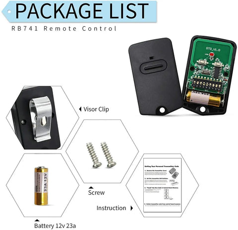 Mighty Mule RB741 FM135 Remote Transmitter, compatible 12V battery 23A, visor clip, screws, and instruction included, 3-pack.