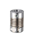 Rock Solid Flexible Shaft Coupler Built With Zinc Alloy And Spring Steel Jaw For 3D Printer Motors Slick Cnc Axis Alignment No Sweat Assembly Dual 5Mm Bores Reliable Grip, showcases front view with zinc alloy and spring steel.