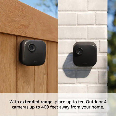 Outdoor 4 XR Wireless Security Camera System With Four Battery Powered Cameras mounted on wood and brick surfaces