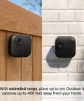 Set It And Forget It Wireless Outdoor Camera Pair With Long Range Sync Module And Weatherproof HD Home Surveillance Kit on wall and fence.