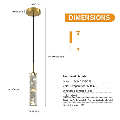 Dimensions of Modern Cement Pendant Lights, Hanging Lamp for Kitchen Island,6000K,2 Pack with gold metal and concrete shade.