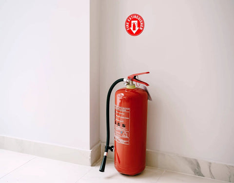 Installed Set Of 5 Fire Extinguisher Signs 4 Point 5 Inch Circle Waterproof Laminated Vinyl Stickers on wall above extinguisher.