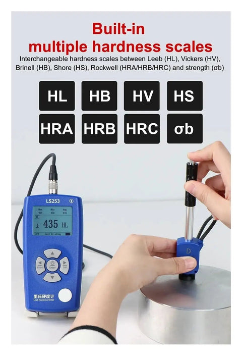 Heavy Duty Wireless Leeb Hardness Tester With Slick App Control And Built In Printer For Steel Testing measuring hardness on metal sample.