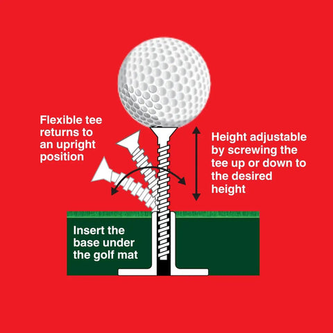 Height Adjustable Golf Tee Set With Flexible Plastic And Rubber Tees For Mats And Simulators, diagram showing height adjustment