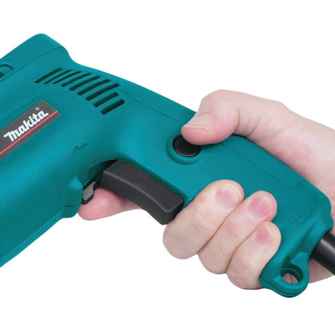 Close-up of hand holding Powerful 4.9 Amp 3/8 Inch Drill with Variable Speed 0-2500 RPM Keyless Chuck in teal finish