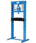 Badass 20 Ton Heavy Duty Hydraulic Press H Frame Garage Shop Beast With Height Adjustable Worktable For Precision Metalworking Auto Repair Built Tough Industrial Grade, blue steel frame with black worktable.
