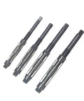 Pro Grade 11 Piece Adjustable Hand Reamer Set H4 To H14, 11.75mm To 38mm Range, High Speed Steel Blades, four reamers displayed