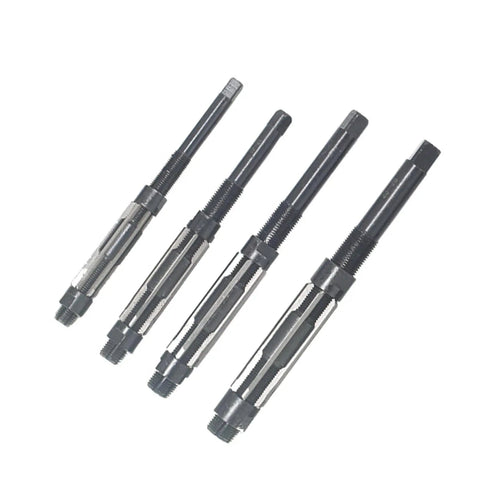 Pro Grade 11 Piece Adjustable Hand Reamer Set H4 To H14, 11.75mm To 38mm Range, High Speed Steel Blades, four reamers displayed