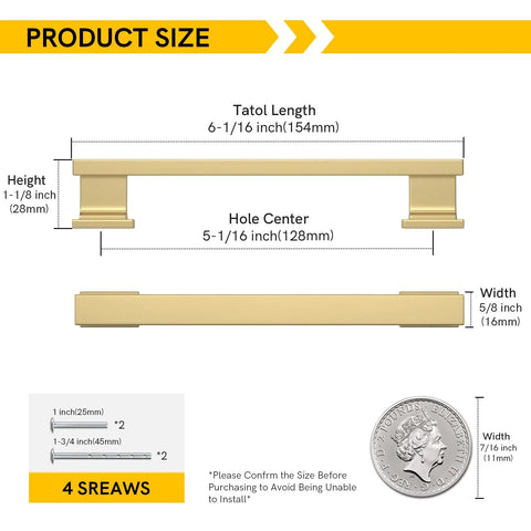 Gold Brushed Cabinet Handle Set Of 20 With Five Inch Center To Center Square Pulls product size details and dimensions