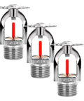 Three Pack Pendant Style Fire Sprinkler Heads Quick Response Sixty Eight Degree Water Spray Down close-up of chrome finish with red elements.
