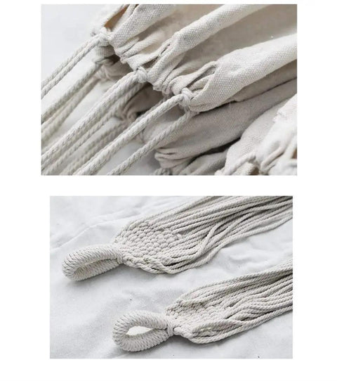 Close-up of Brazilian Double Hammock With Soft Cotton Canvas And Fringe showing handwoven rope and tassel fringe details.