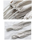 Close-up of ropes and canvas of Double Outdoor Cotton Hammock With Fringes For Two Adults Perfect For Beach Or Patio Chill Sessions Camping Or Travel 58 Inch Wide Supports Up To 400 Lbs Brazilian Style Portable Canvas Bed For Relaxing.