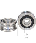 Front view of SG15 U Groove Track Guide Bearings 10 Pcs Double Row Ball Bearing Pulley Wheel Set for 6mm Guide Rails 5x17x8 9.75mm ABEC 5