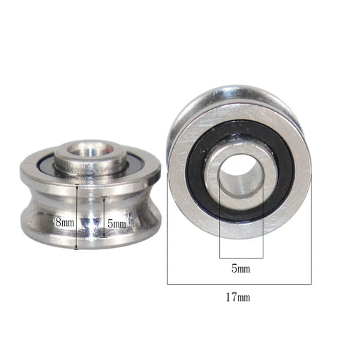Front view of SG15 U Groove Track Guide Bearings 10 Pcs Double Row Ball Bearing Pulley Wheel Set for 6mm Guide Rails 5x17x8 9.75mm ABEC 5