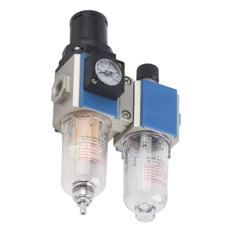 Compact Pro Grade FRL Unit with regulator and lubricator, oil separation, water separator for pneumatic tools, manual drainage