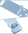 Close-up of Six Pack Door Hasp And Latch Locks Set Three And One Half Inch Extra Thick Steel Hasp Clasp with zinc plated finish.