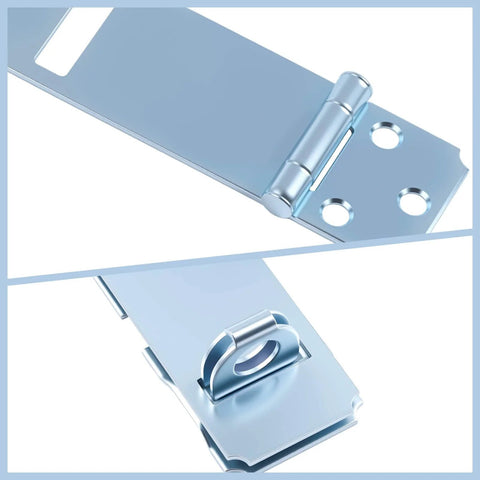Close-up of Six Pack Door Hasp And Latch Locks Set Three And One Half Inch Extra Thick Steel Hasp Clasp with zinc plated finish.