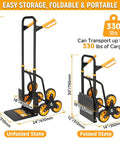Heavy Duty Stair Climbing Cart With 330 Lb Capacity, 6 Wheel Folding Dolly And Telescoping Handle, Ergonomic Grip, Ideal For Moving Groceries, Boxes, And Bulky Items Up Stairs Or Across Floors. Folded and unfolded views with 44" height and 24" width.