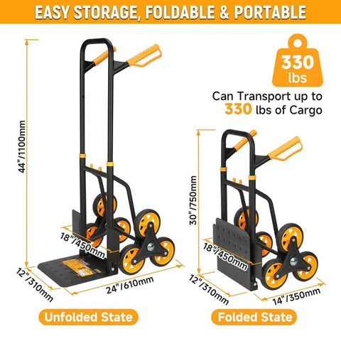 Heavy Duty Stair Climbing Cart With 330 Lb Capacity, 6 Wheel Folding Dolly And Telescoping Handle, Ergonomic Grip, Ideal For Moving Groceries, Boxes, And Bulky Items Up Stairs Or Across Floors. Folded and unfolded views with 44" height and 24" width.