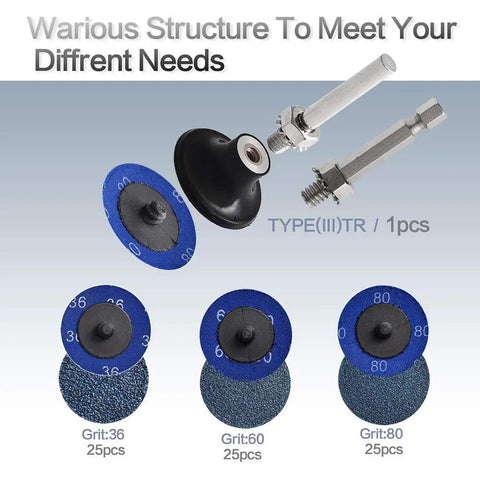 75Pcs Zirconia Quick Change Sanding Discs Set, 2 Inch With One Quarter Inch Holder, assorted grits, shown with holder and discs