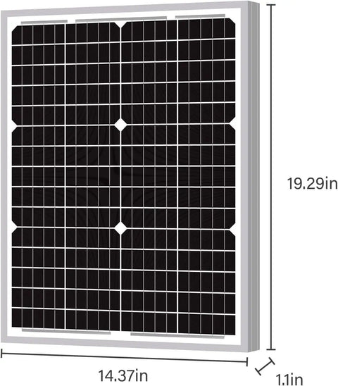 Illustration of 30 Watt 24V Waterproof Off Grid Solar Panel Kit with dimensions 19.29in x 14.37in x 1.1in for 24V systems IP67 weatherproof